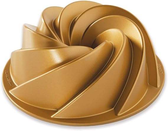 Nordic Ware Heritage 6 Cup Bundt Pan, Swirl Cast Aluminium Bundt Tin, Bundt Cake Tin with Elegant Pattern, Premium Cake Mould Made in The USA, Colour: Gold 90077