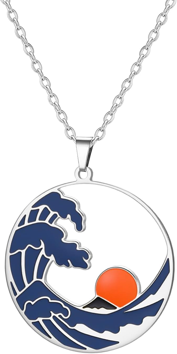 Ocean Wave Sun Necklace for Women Blue Surf Pendant Sea Drop Shape Amulet Summer Beach Themed Jewelry Gift for Nature Lovers