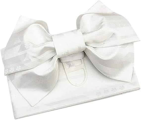Japanese Traditional Pre-Tied OBI Belt Sakura Jacquard Weave Bow Tsukuri OBI Kimono Sash Yukata Robe Accessories (White)