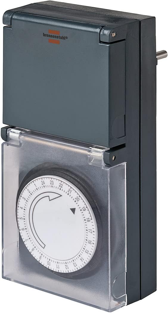 Brennenstuhl Timer MZ 44, mechanical timer socket daily timer, IP44 protected, high contact protection and protection cover gray