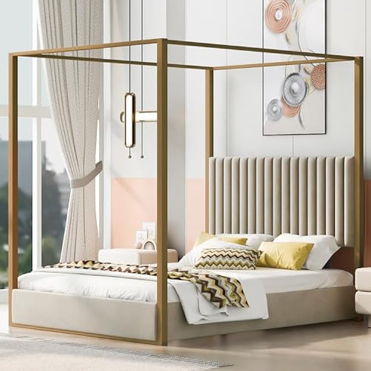 Queen Size 4-Poster Canopy Platform Bed with Velvet Upholstered Headboard, Metal Frame, Wooden Slats Support, No Box Spring Needed for Kids & Adults - Beige