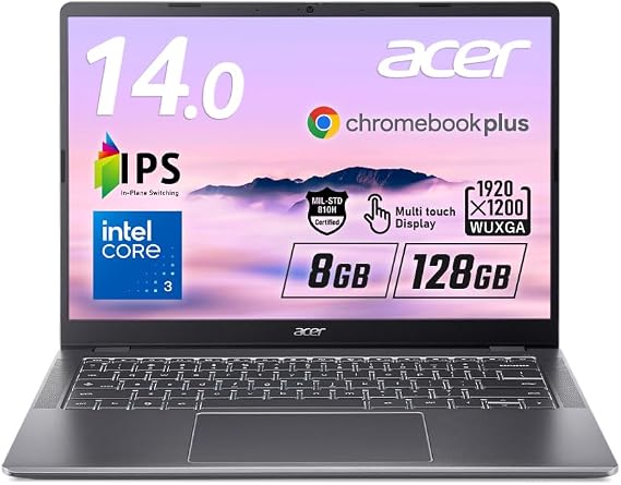 Acer CB514-6HT-N3 Chromebook Plus 514 Core 3 N355 AI 8GB Memory, 128GB SSD, 14 Inch, WUXGA 16:10 IPS Non-Glossy, 12 Hour Playtime, 3.1 lbs 1.4 kg, Webcam, Slide Cover, WiFi 6E, Dual Speakers, Japanese Keyboard, MIL-STD-810H, Steel Gray 8Q