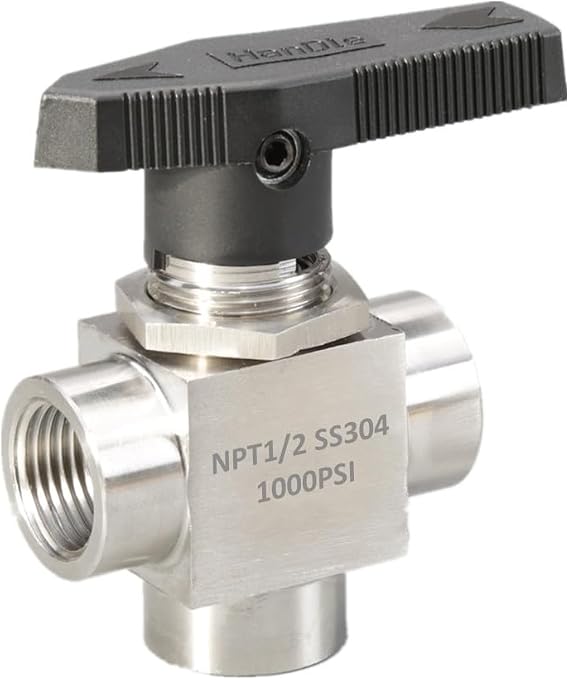 3-Way Ball Valve, L-Port, 1/2" NPT, 304 Stainless Steel Barstock, Heavy-Duty 10mm Reduced Port, 1000 PSI, Diverter Valve for Instrumentation, Gas, Pneumatics, Water & Chemical Processing