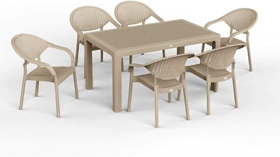 90 x 150 Bambu Plastik Rattan Camsız Bahçe Balkon Teras Masa Sandalye Takımı 6 Kolçaklı Sandalyeli (Krem)