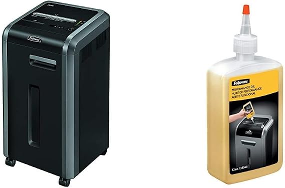 Fellowes Powershred 225Ci Shredder | 100% Jam Proof, 20-Sheet, Cross-Cut, Commercial Grade | 3825001 Model, Black & Powershred Performance Shredder Oil, 12 oz. Extended Nozzle Bottle (35250)