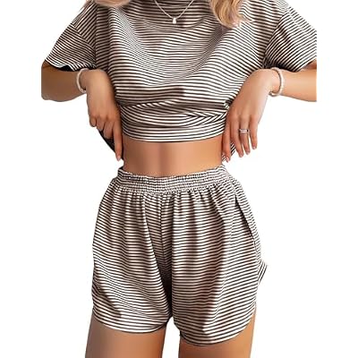JUSTFASHIONNOW Womens Pajama Sets Shorts Striped Print Two Piece Lounge Sets Crew Neck Sleepwear Split Shorts Set Soft Pjs