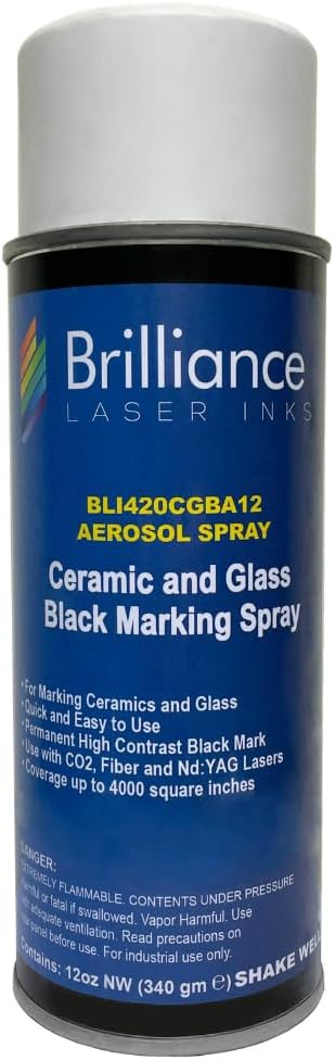 Brilliance Laser Inks Ceramic and Glass Black Marking Spray - 12oz Aerosol Marks on Ceramics and Glass. Aerosol for Fiber, YAG, Diode, and CO2 Laser Engraver Machine, BLI420