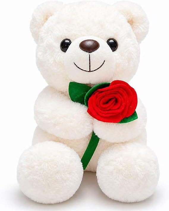 9.84" White Teddy Bear Stuffed Animals with Flower for Girls and Boys, Cute Stuffed Teddy Bear Plush Toys, Valentines Day Gifts for Girlfriend, Christmas Party Favors for Kids, Decorations