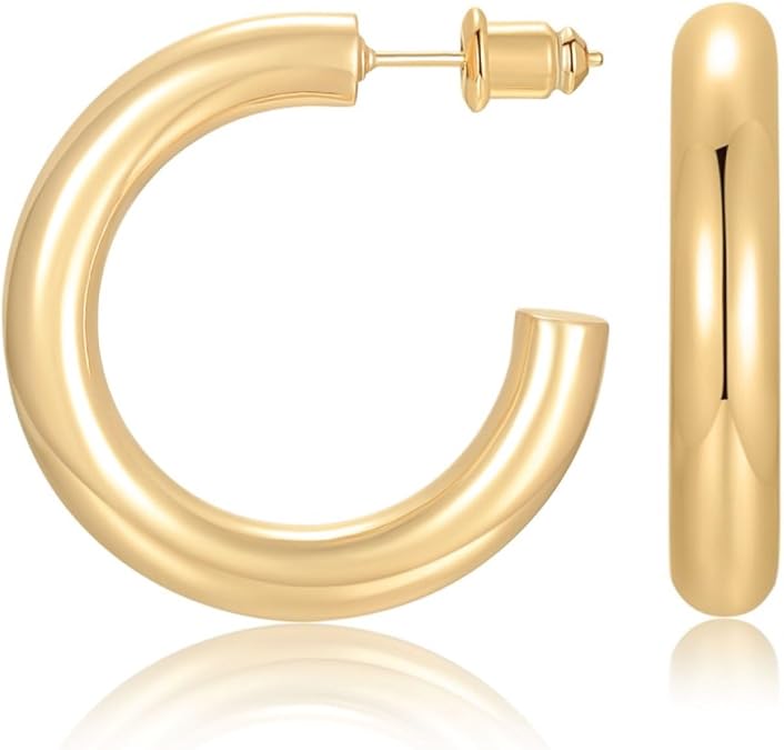 Gold Bold C-Hoop Earrings | 18K Gold Plating Sterling Silver Posts Chunky Gold Hoops | Chubby Huggie Open Hoop Earrings