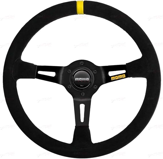 MOMO Motorsport MOD.08 Suede Racing Steering Wheel 350mm, 88mm Deep Dish, Yellow Horn, 3-Spoke with Cutouts, 6-Bolt Aluminum Frame Authentic MOMO Italian Aftermarket Wheel. Hub Adapter Required