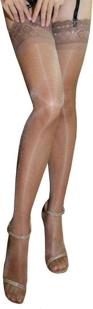 Long-Perfect Ultra Shiny Lace Top Thigh High Silk Stockings Shimmery Glossy Sheer Antiskid Silicone Tights 15 Den