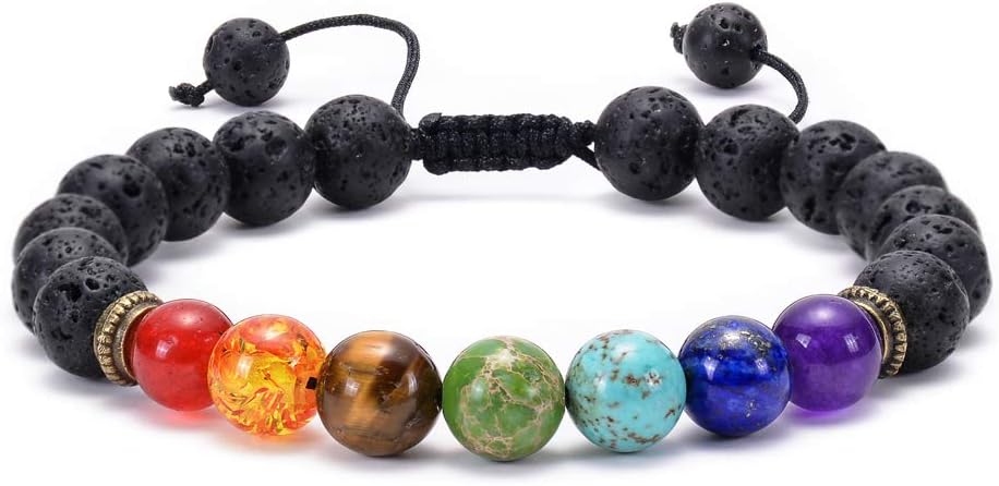 GelConnie Lava Rock Chakra Bracelet 7 Chakra 8mm Natural Stone Healing Bracelet Stress Relief Yoga Beads Anxiety Bracelet Aromatherapy Essential Oil Diffuser Bracelet Bangle