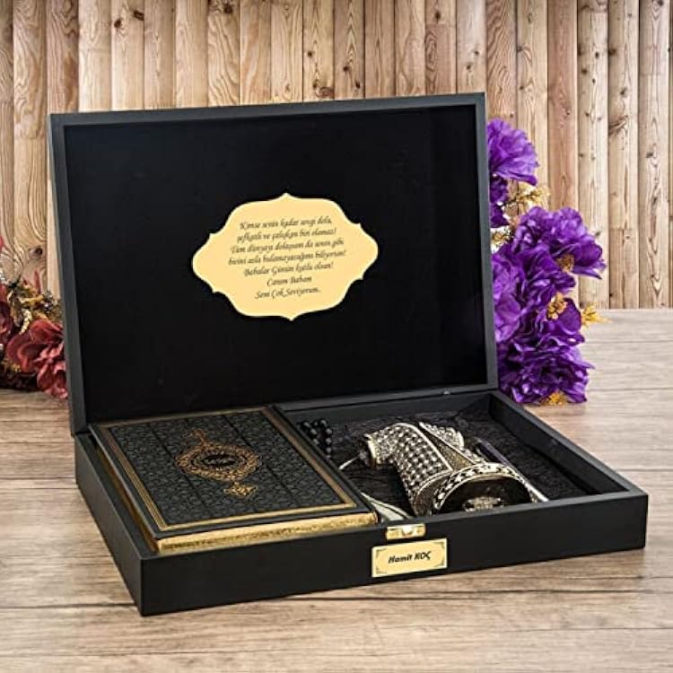 Islamic Gift Set For Men | Quran, Figurine, Tasbih, Prayer Rug and Pen in Customizable Wooden Box | Muslim Birthday Wedding Graduation Gift | Eid Ramadan Gift, Black