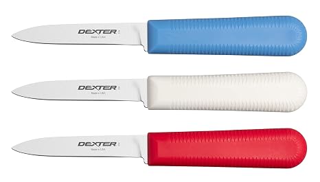 Dexter Russell S104-3RWC Sani-Safe 15493 Cooks Style Paring Knife Set, 3-1/4" DEXSTEEL High Carbon Stain-Free Steel Blades, Non-Slip Polypropylene Handles in Red, White & Blue, 3 Pack, NSF, USA Made