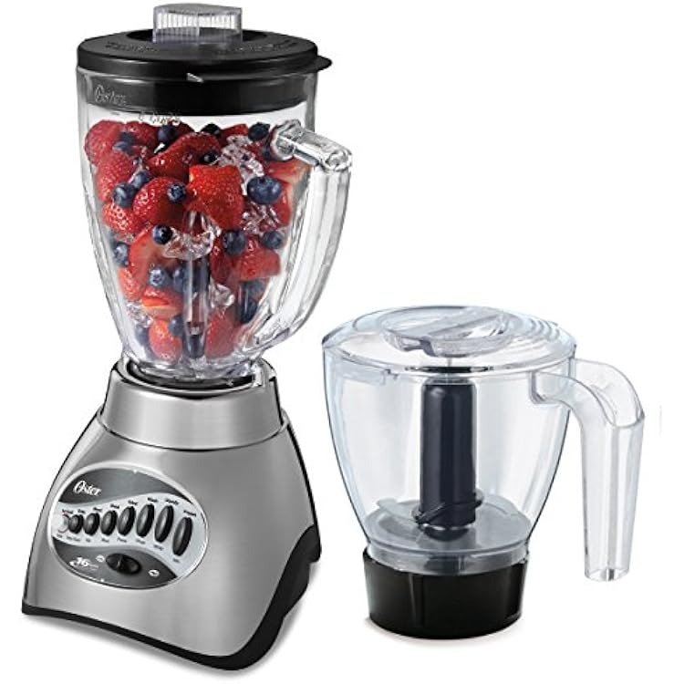 Oster Classic Series 16-Speed Blender with Food Chopper & 6-Cup Glass Jar, Countertop Kitchen Blender, Brushed Nickel