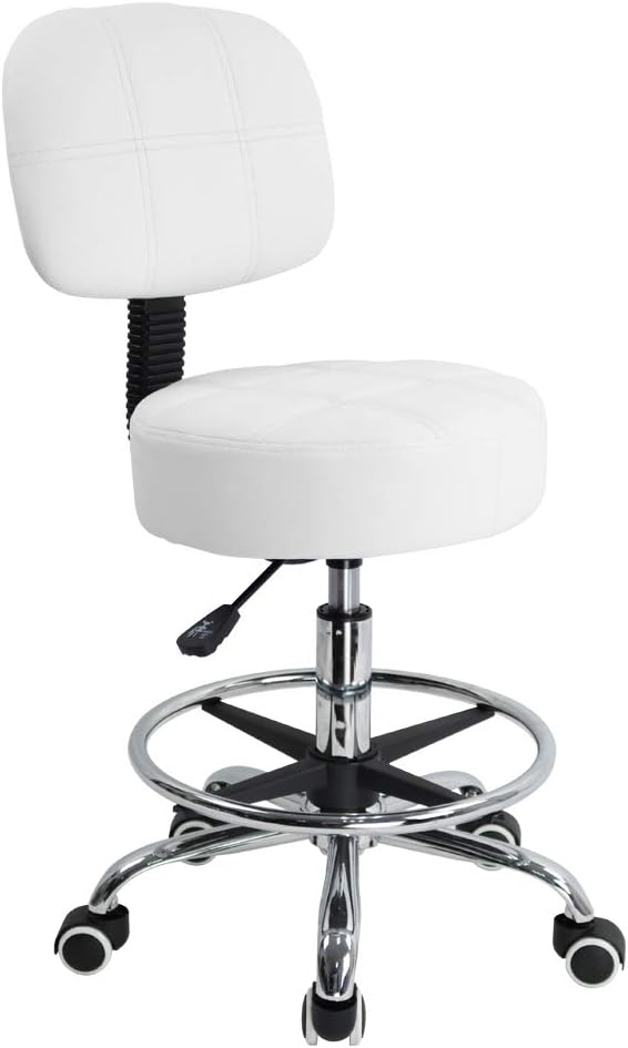 KKTONER Swivel Round Rolling Stool PU Leather with Adjustable Foot Rest Height Adjustable Task Work Drafting Chair with Back(White)