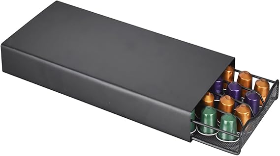 Coffee Pod Storage Drawer Compatible with Nespresso 40 Capsule Capacity, Black Metal, OriginalLine Compatible Compact Design for Countertop Organization (17.5 x 37.5 cm)