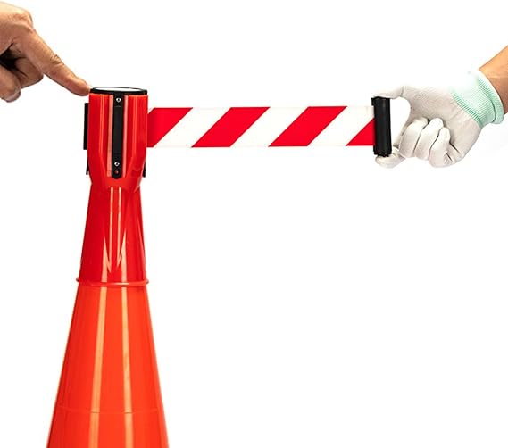 16FT Red Cone Mounted Retractable Belt,Interlocking Multiple Units | Cone Barrier Retractable Topper for Traffic Cone, with Automatic Rebound