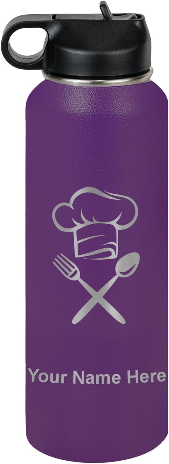 LaserGram Personalized 40oz Water Bottle, Chef Hat (Dark Purple)