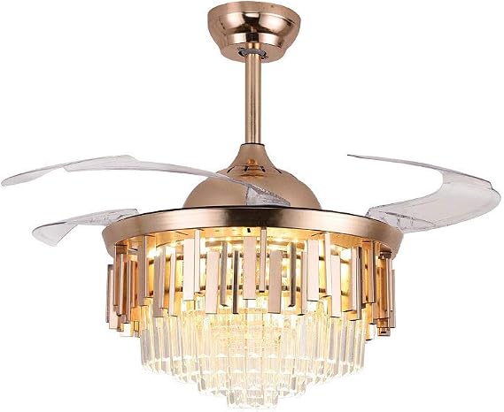42" Luxury Crystal Ceiling Fan with Lights Retractable Blade Ceiling Fan with Remote Control Modern Fandelier Ceiling Fan Chandelier with Lighting Kits, Noise-Free and Cool Fan,Gold