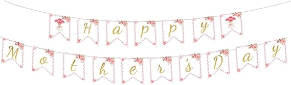 Happy Mother's Day Banner with Floral Design, Gold Glitter Letters, Party Decorations for Home, Porch, Office, Indoor Outdoor Wall Decor (Banner)