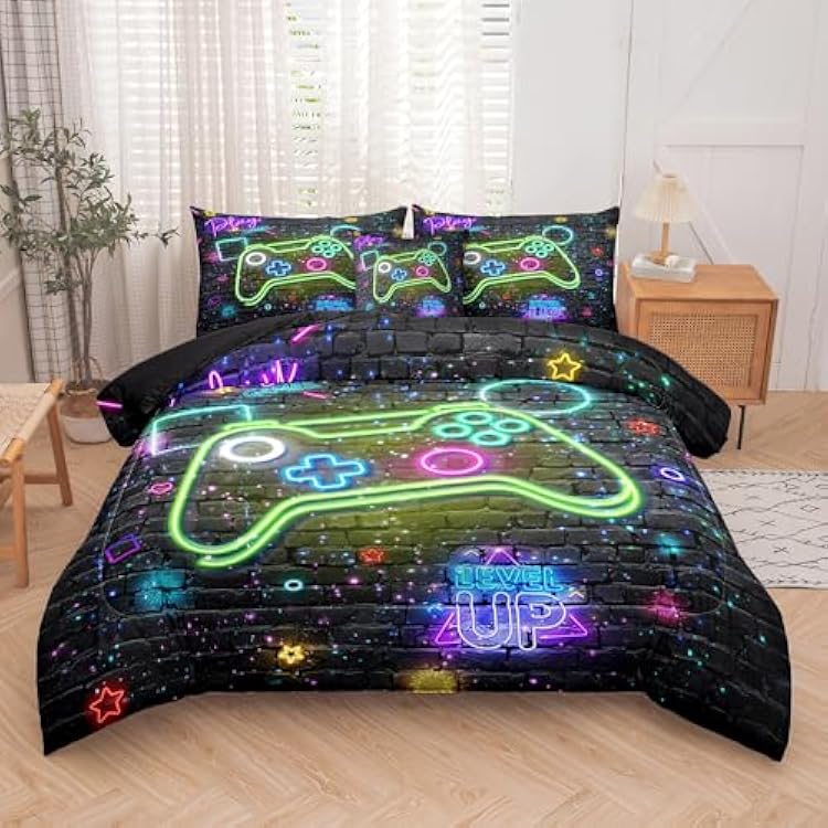 NINENINE Gaming Bedding Sets, 6PCS Full Size Comforter Size for Boys,Gaming Bedding Sets for Boys Bed in A Bag Gaming Comforter Sets1Comforter,1Flat Sheet,1Fitted Sheet,1Cushion Cover,2Pillowcases...