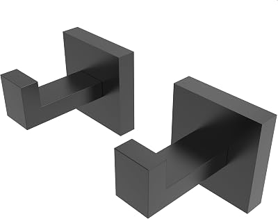 Ruacq Towel Hooks for Bathrooms, Heavy Duty Stainless Steel Square Bathroom Hooks, Wall Mounted Towel Hanger for Robe & Coat, Ideal for Kitchen, Bedroom, and Hotel UseMatte Black, 2 Pack