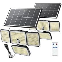JACKYLED Solar Lights Outdoor, 4000mAh Security Lights with Larger Solar Panel & 16.4FT Cable, 4-Head Motion Sensor Lights with Remote Control, IP65 Waterproof 270 Wide Flood Wall Lights (2 Packs)