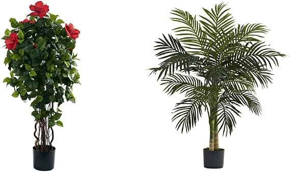 Nearly Natural 4 Hibiscus Artificial Tree, 4ft, Green and Nearly Natural 5357 4ft. Golden Cane Palm Tree,Green