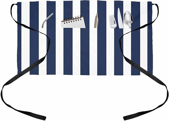 Navy Blue Striped Server Aprons with 3 Pockets, Modern Farmhouse Blue White Stripes Waist Aprons for Women Men, Waitress Waiter Half Apron for Kitchen Chef Cooking