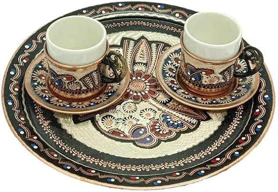 Copper Handmade Coffee Set, Turkish Authentic Serving Set, Copperware Greek Arabic Coffee Cup, Coffee Pot, Copper Tray (2 Copper Cups + Copper Tray)