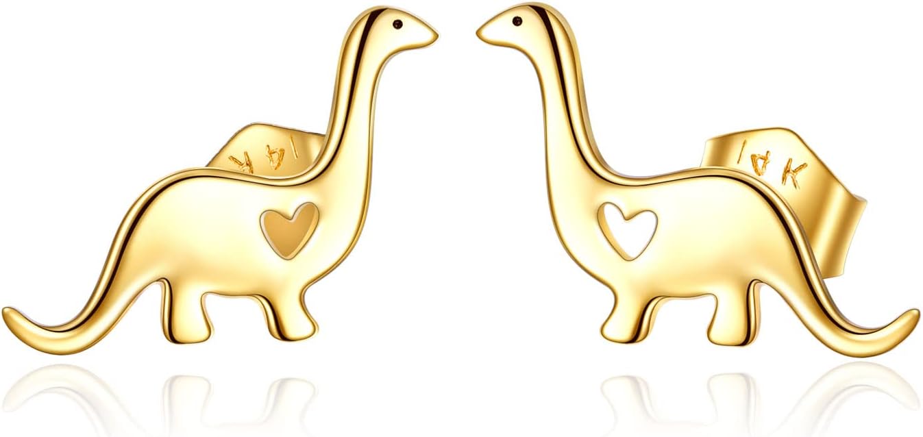 KECHO 14k Gold Dinosaur Earrings for Women Dinosaur Stud Heart Earrings Jewelry