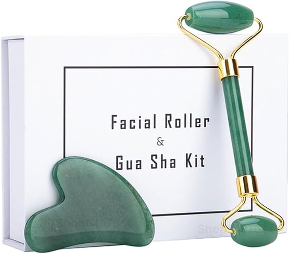 Jade Roller and Gua Sha Tools Set, Anti-Aging Rose Quartz Roller Massager for Face, Eyes, Neck, Body Muscle Relaxing and Relieve Fine Lines and Wrinkles (Green)