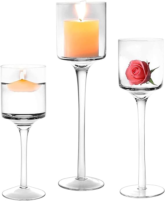 Glass Candle Holder for Pillar Candles, Tea Light Candle Holders Set of 3, Tall Clear Candle Holder for Table Centerpiece, Floating Candles Holder for Dining Party Home Wedding Decor