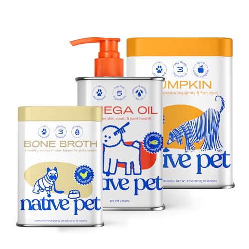 Native Pet Ultimate Wellness Bundle: Chicken Bone Broth 5.7 Oz., Pumpkin Fiber Support 8 Oz., Omega Oil for Dogs Skin, Coat and Joints 8 Oz.