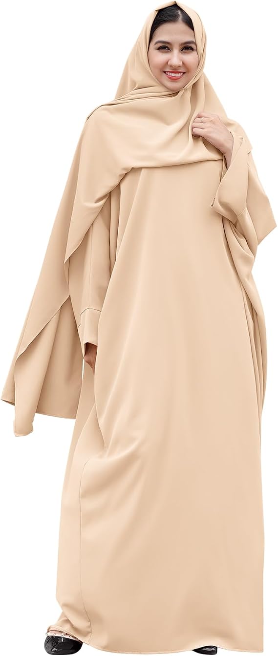 IDOPIP Abayas for Women Muslim Dress with Hijab, One-Piece Long Sleeve Islamic Prayer Dress with Khimar Jilbab Kaftan Clothes