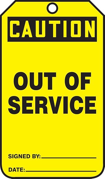 AccuformNMC Signs MDT641CTP Safety Tag, Legend "Caution Out of Service" | 5.75" Length x 3.25" Width x 0.010" Thickness, PF-Cardstock, Black on Yellow (Pack of 25)