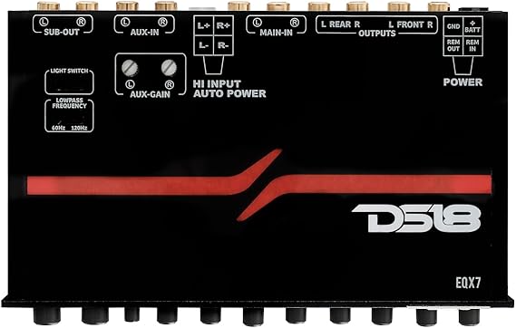 DS18 EQX7 Equalizer 7 Bands with auto Hi/Lo line Selector, Two Rear inputs (Main and Aux), 8 Volts Front, Rear and Sub Output