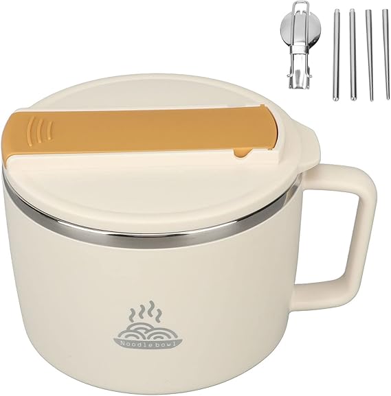 TITA-DONG 1200ml 304 Stainless Steel Noodle Cooker Set, Ramen Cooker with Chopsticks and Spork, Portable Soup Bowl, Microwave Safe, White