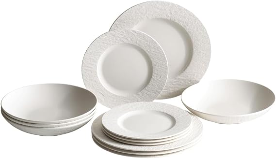 Villeroy & Boch Manufacture Rock Blanc 12 Piece Dinnerware Set, White | Premium porcelain dinnerware set, made in Germany, dishwasher and microwave safe, a bold slate contrast for dinner