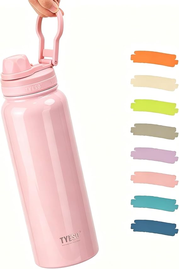TYESO Insulated Stainless Steel Water Bottle With Spout Lid and Handle for Sports, Travel, and School,Insulated Water Bottle Keep Cold 24H, Leak-Proof (PINK, 40 OZ)