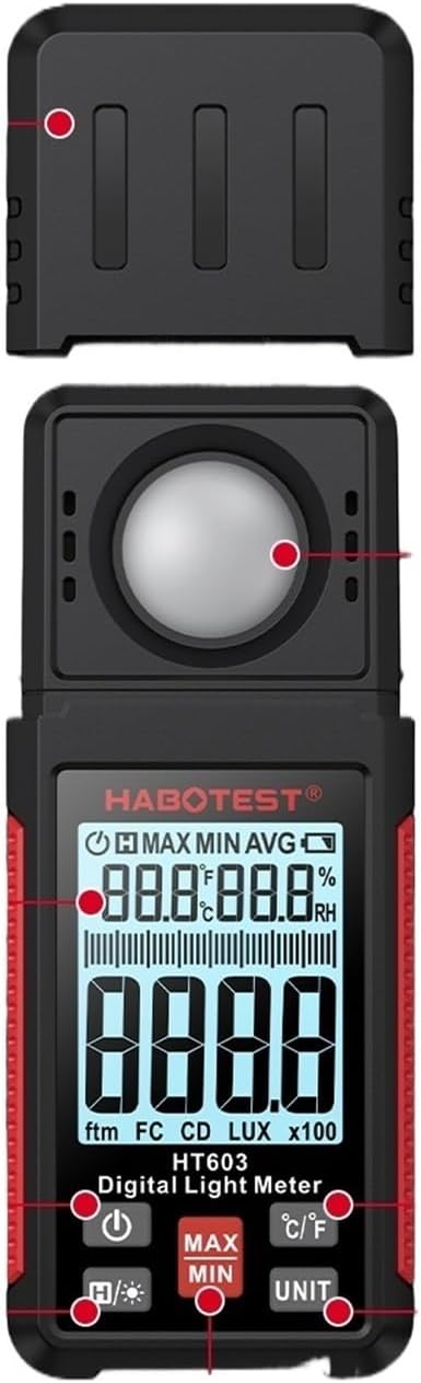UV Meter, HT603 Lux Light Meter Digital Illuminance Meter Handheld Temperature Measurer with Ran Up to 200,000 Lux Luxmeter