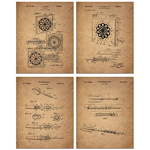 BigWig Prints Darts Patent Wall Art - Vintage Decor Poster Prints Featuring Dartboard and Dart Designs, Rustic Room Decorations for Bar, Game Room, or Man Cave - Unframed Set of 4 8x10