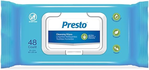 Presto Adult Cleansing Wipes w/Aloe&VitaminE, Incontinence,12Pk of 48 Wipes
