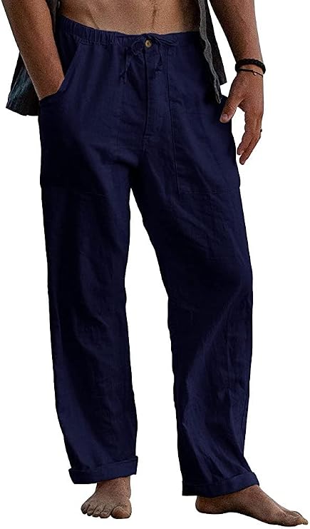 Men's Linen Pants Beach Casual Cotton Summer Lightweight Elastic Waist Drawstring with Deep Pockets (LP330