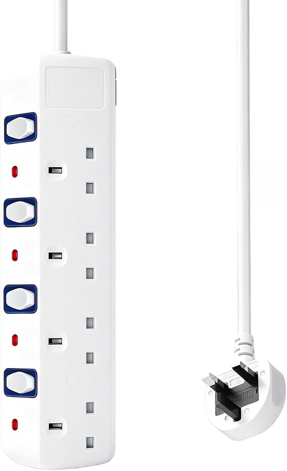 4 Way Extension Lead, 5 Metre Extension Lead With Separate switch | Wall-mountable Extension Lead 5M, 4 Gang Extension Lead 5M for Home, Bedroom, Office, White