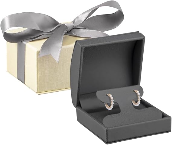 ALLUREPACK Luxury Dome-Shape Leather T-Style Earring Case for Women & Girls Gift Box Ideal for Hanging Earrings & Hoops Cream Ribbed Outer Box & Matching Bow Ribbon