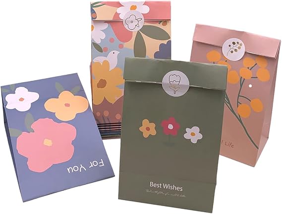 Suponey 12PCS Paper Gift Bags Floral Paper Bags Party Favor Bag Flower Treat Bag with Stickers