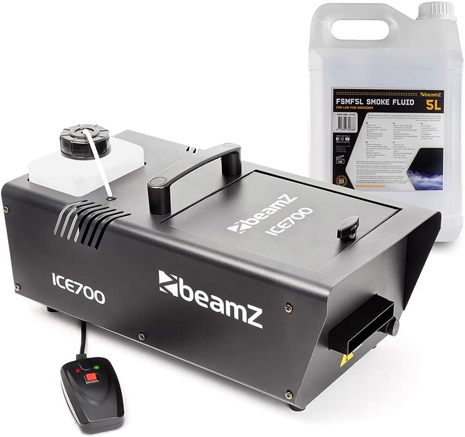 beamz ICE700 Low Lying Fog Machine with 5L Fluid, Ground Fogger with Dry Ice Smoke Effect, 700W Thermostatic Heater, Wired Remote, Halloween & Stage Special Effects for Parties & Events