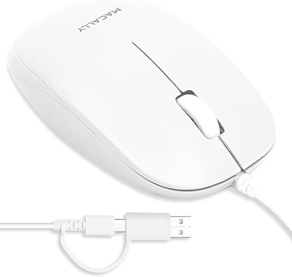 Macally Wired Mouse for Mac and PC - Dual USB C + A Plug - Simple Ambidextrous 3 Button USB Mouse Wired with Scroll Wheel and 1200 DPI Optical Sensor - for Apple, MacBook, iMac, Laptop and PC - White